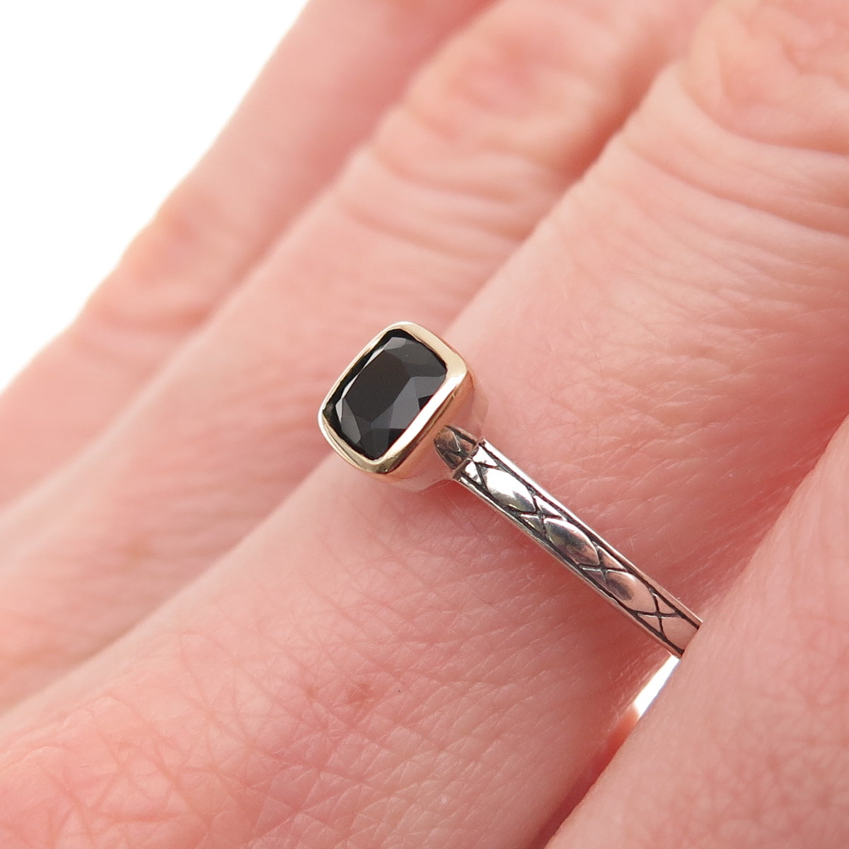 Town & Country Sterling Silver 14K Gold Vintage Real Black Onyx Ring Size 7.25