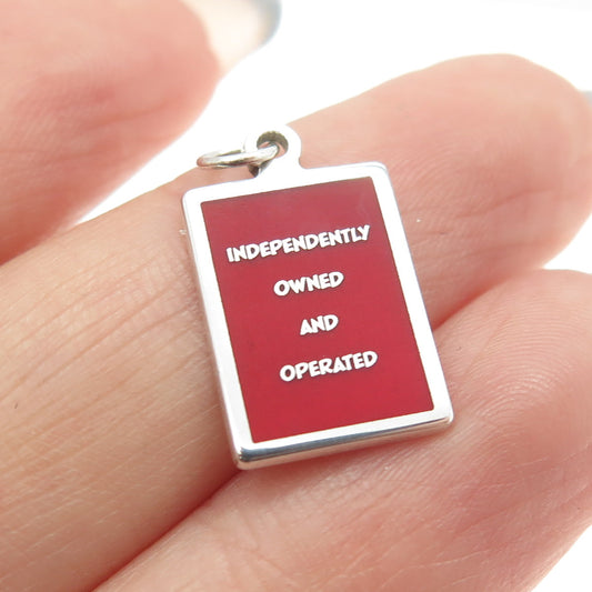 925 Sterling Silver Enamel "Independently Owned & Operated" Minimalist Pendant