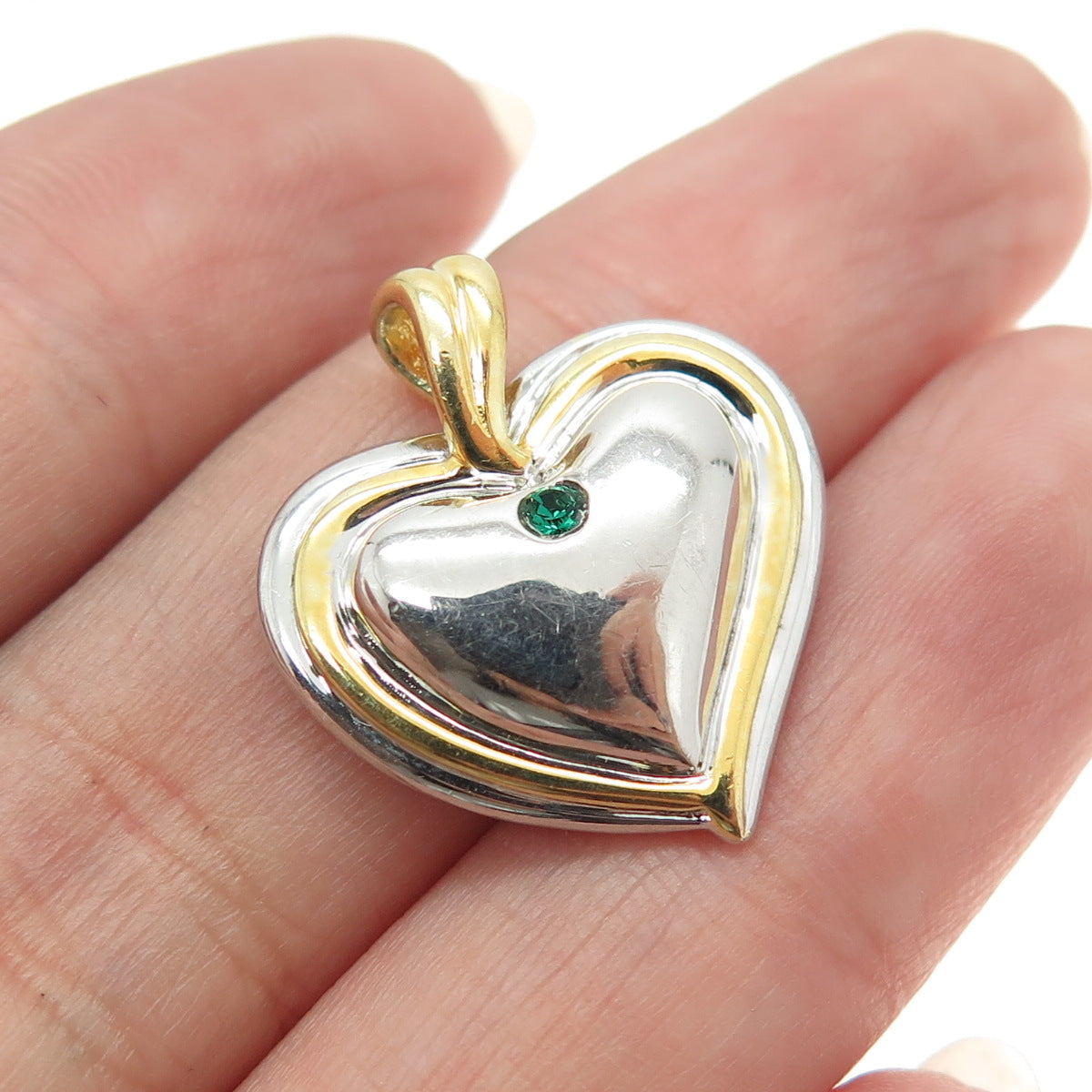 925 Sterling Silver 2-Tone Green Rhinestone Heart Pendant