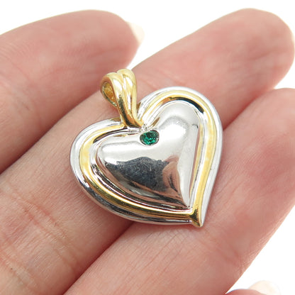 925 Sterling Silver 2-Tone Green Rhinestone Heart Pendant