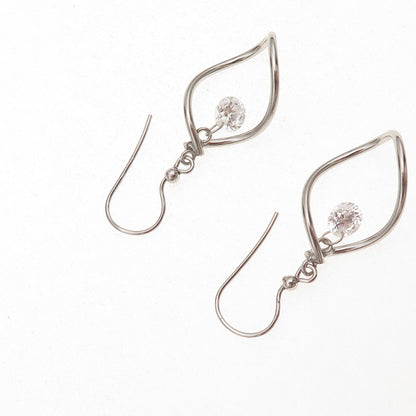 925 Sterling Silver Vintage Italy Round-Cut C Z Modernist Petal Dangle Earrings