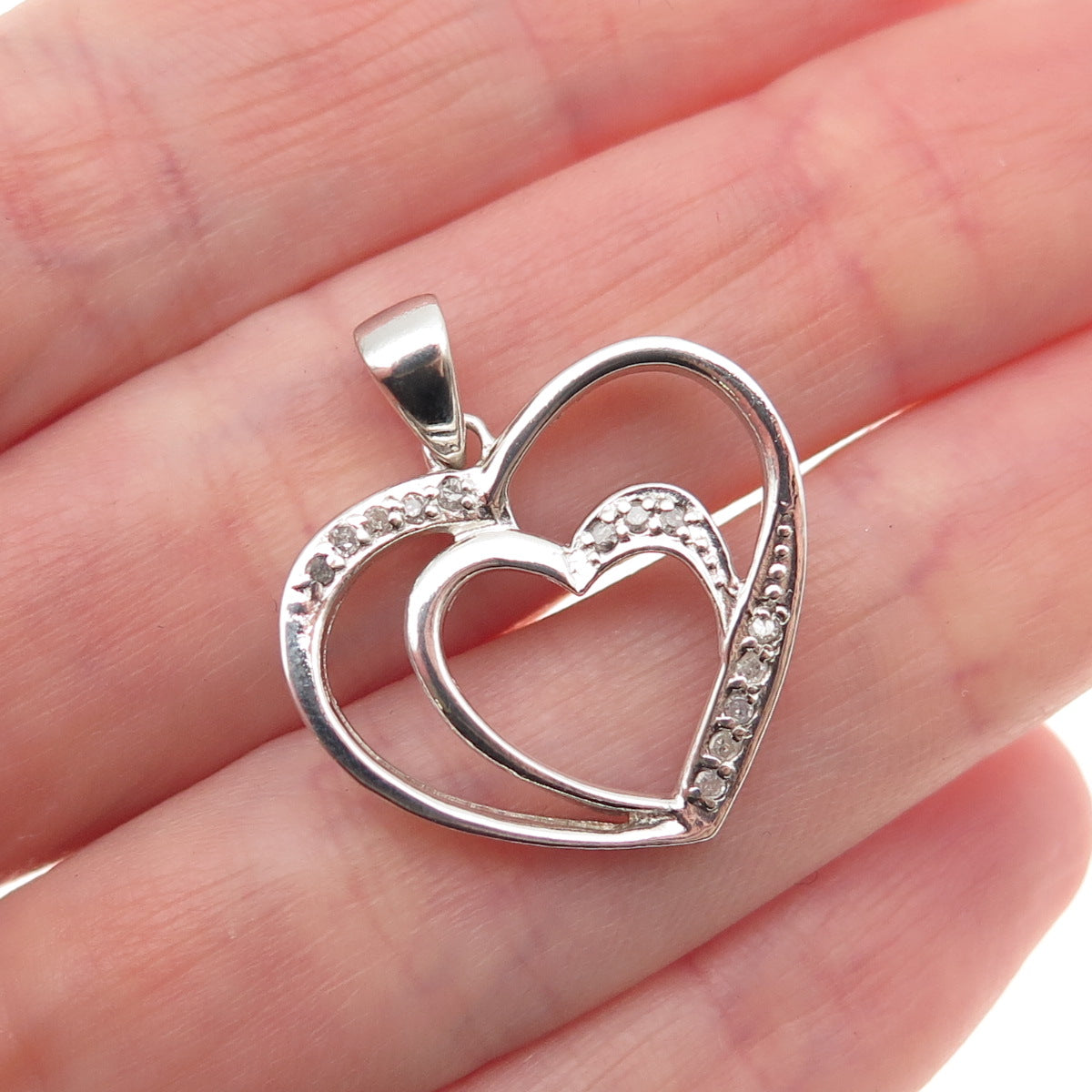 925 Sterling Silver Real Round-Cut Diamond Double Heart Charm Pendant