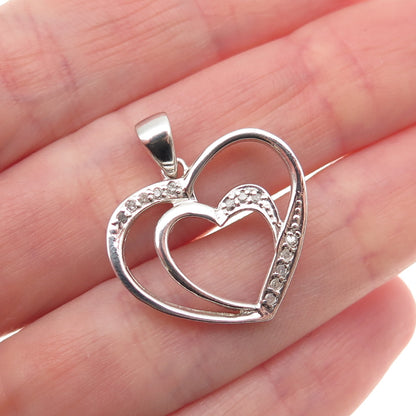925 Sterling Silver Real Round-Cut Diamond Double Heart Charm Pendant