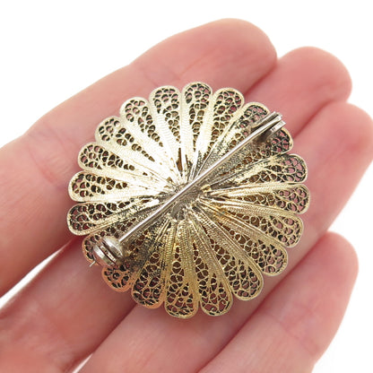 835 Silver Gold Plated Vintage Portugal Flower Filigree Pin Brooch