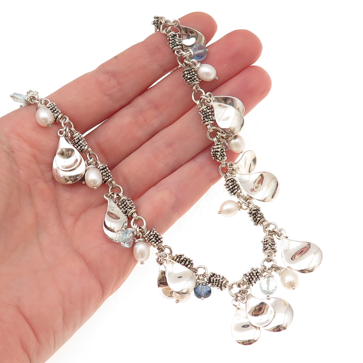 Michael Dawkins Sterling Silver Real Blue Topaz & Pearl Petal Chain Necklace 20"