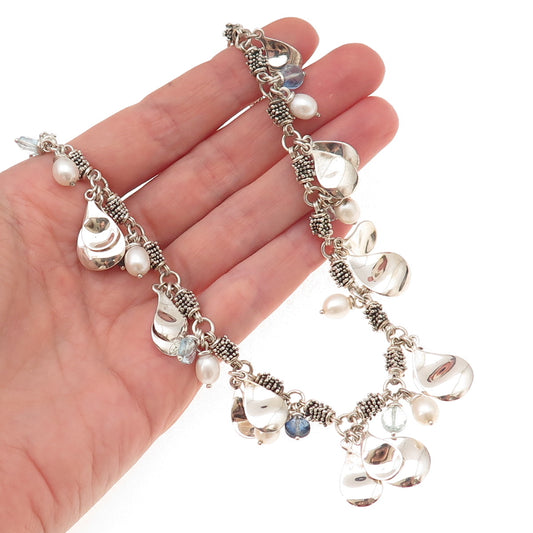 Michael Dawkins Sterling Silver Real Blue Topaz & Pearl Petal Chain Necklace 20"