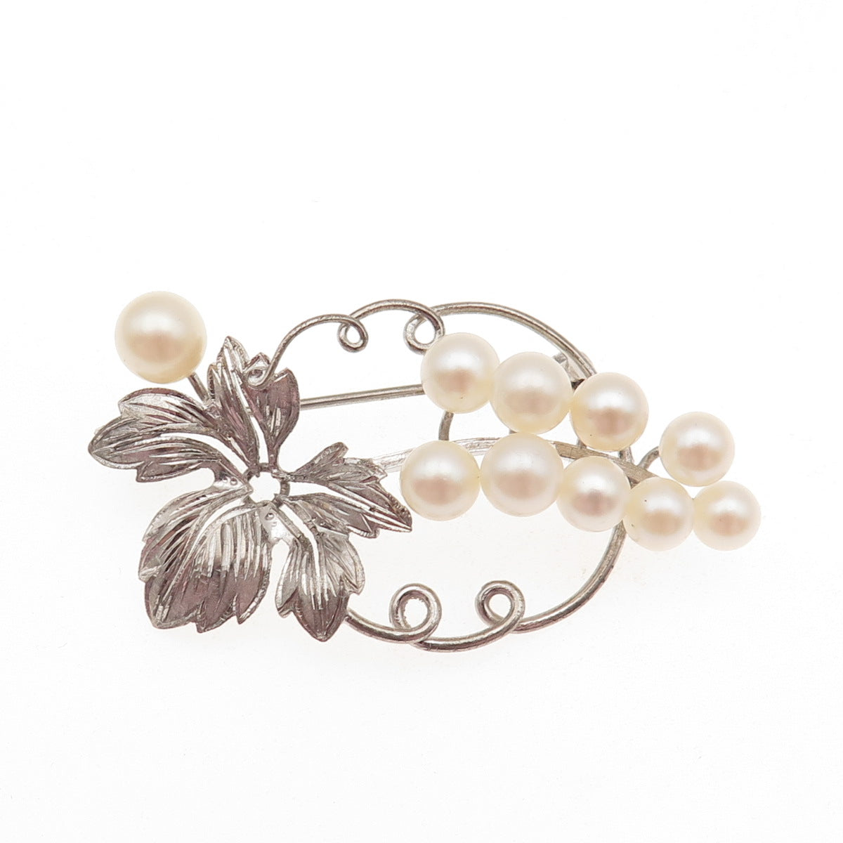 925 Sterling Silver Antique Art Deco Real Akoya Pearl Floral Pin Brooch