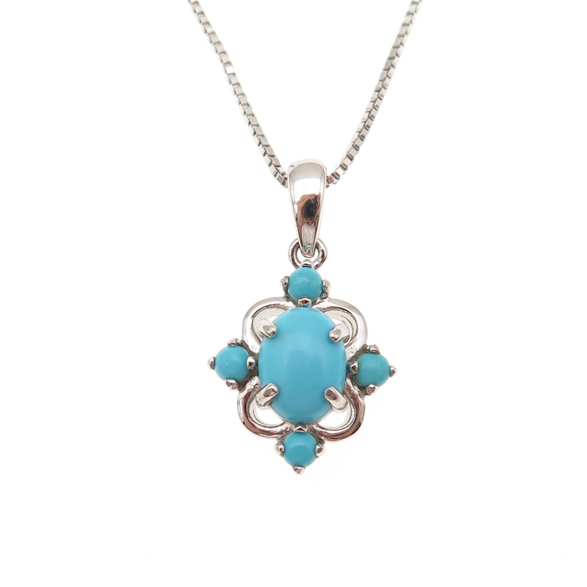 925 Sterling Silver Real Tyrone Turquoise Floral Box Chain Necklace 18-20"
