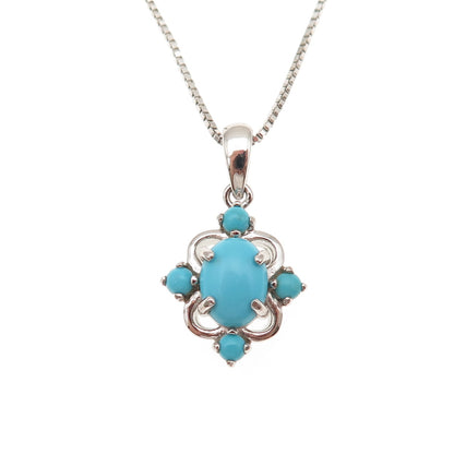 925 Sterling Silver Real Tyrone Turquoise Floral Box Chain Necklace 18-20"