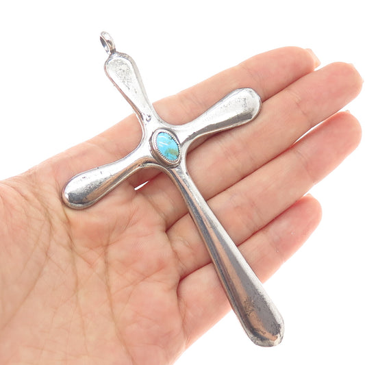 Old Pawn 925 Sterling Silver Vintage Southwestern Turquoise Cross Large Pendant
