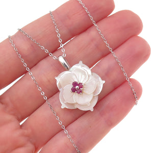 925 Sterling Silver Real Ruby & MOP Floral Cable Chain Necklace 18"