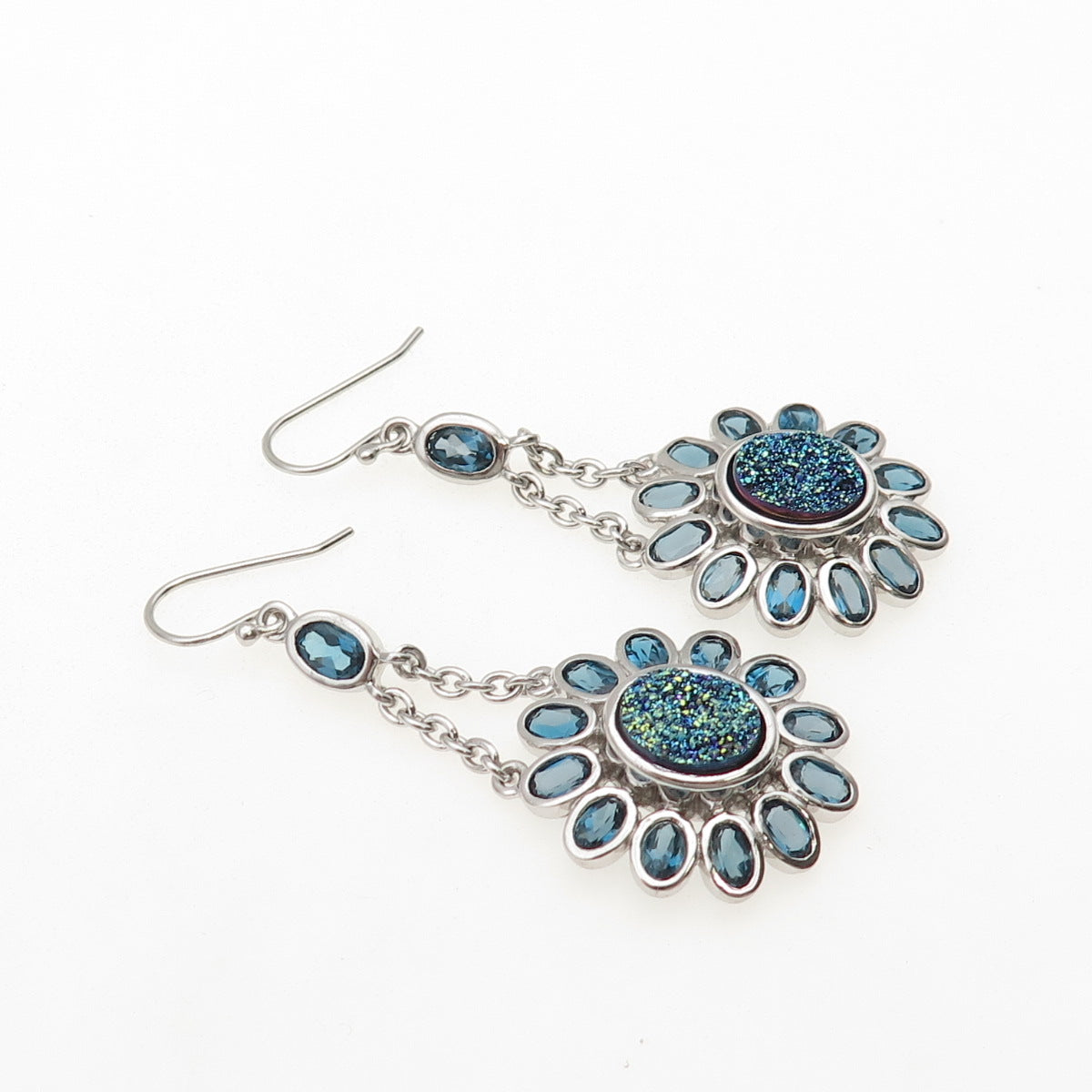 925 Sterling Silver Real London Blue Topaz & Druzy Dangle Earrings