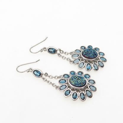 925 Sterling Silver Real London Blue Topaz & Druzy Dangle Earrings