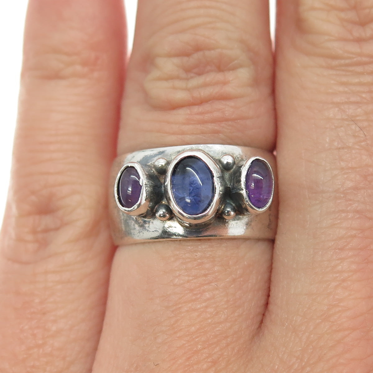 925 Sterling Silver Vintage Real Tanzanite & Amethyst Ring Size 6.5