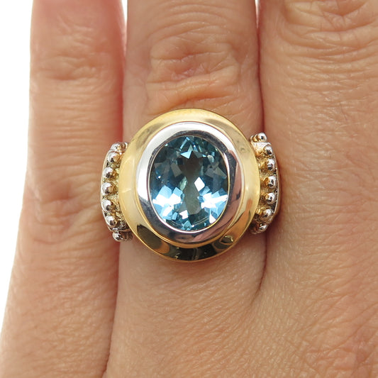 925 Sterling Silver Gold Plated Real Blue Topaz Gemstone Ring Size 6