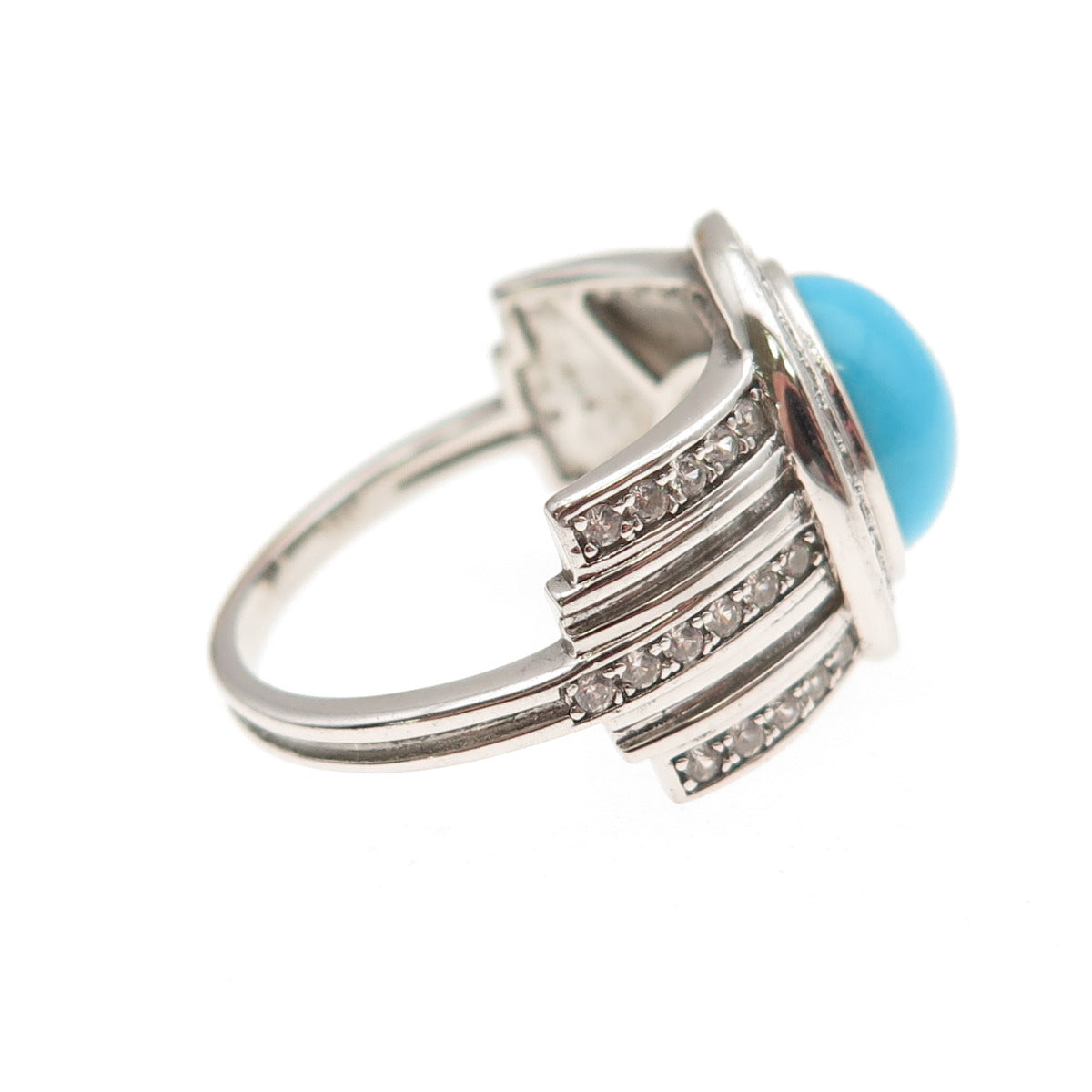 925 Sterling Silver Real Sleeping Beauty Turquoise & White Topaz Ring Size 8