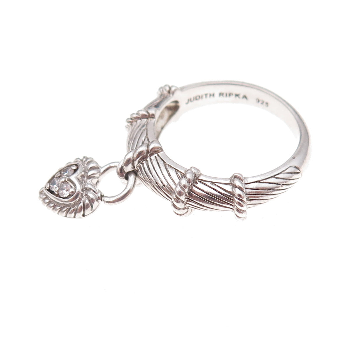 Judith Ripka 925 Sterling Silver Round-Cut C Z Heart Dangle Charm Ring Size 8