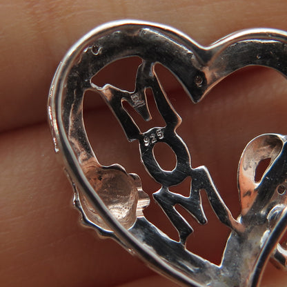 925 Sterling Silver Real Round-Cut Diamond Mom Flower Heart Mini Slide Pendant