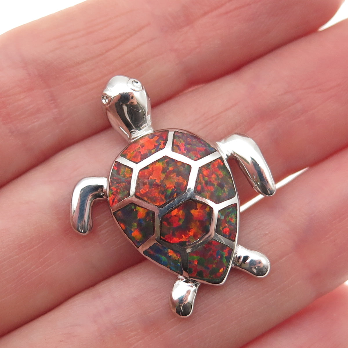 925 Sterling Silver Real Black Fire Opal Turtle Slide Charm Pendant