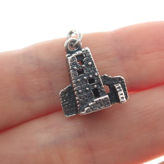 925 Sterling Silver Vintage Mesa Verde Square Tower Oxidized Mini 3D Pendant