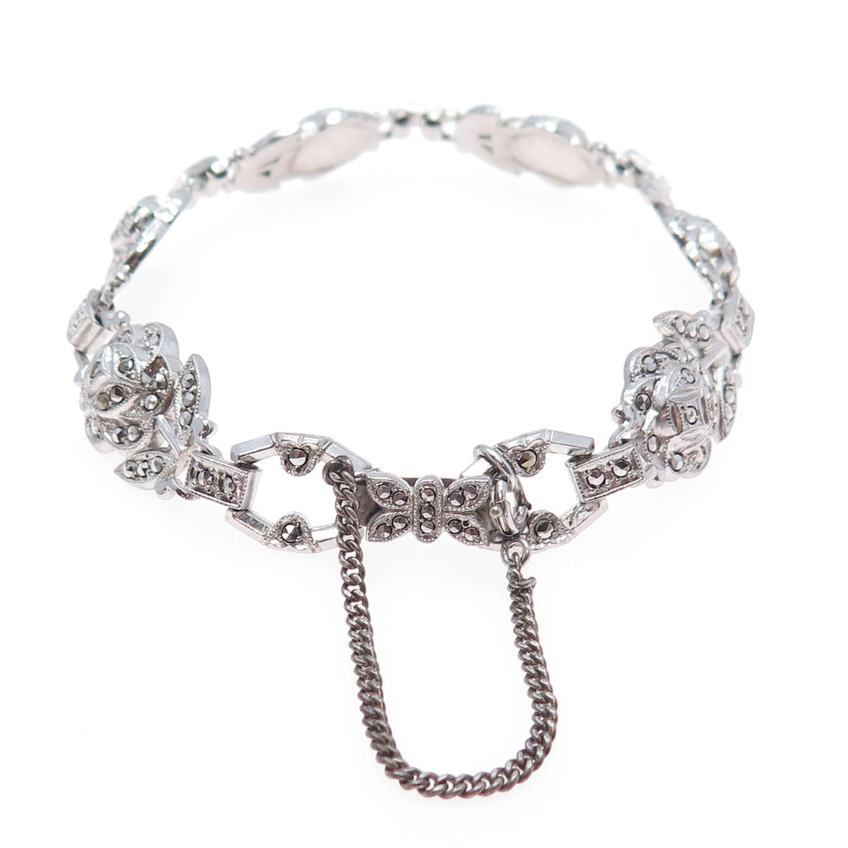 925 Sterling Silver Antique Real Marcasite Rose Bracelet 7" (missing 1 stone)