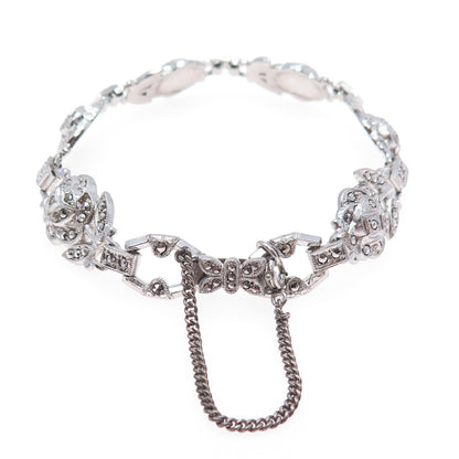 925 Sterling Silver Antique Real Marcasite Rose Bracelet 7" (missing 1 stone)