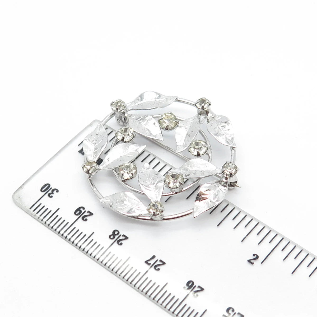 925 Sterling Silver Antique D'OR Rhinestone Leaves Round Pin Brooch