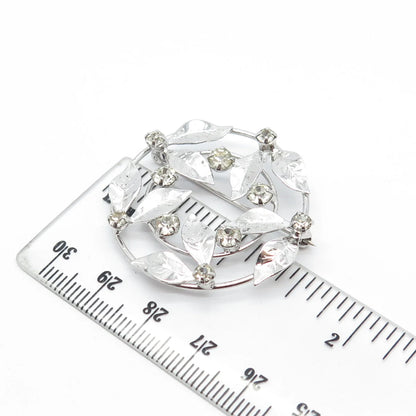 925 Sterling Silver Antique D'OR Rhinestone Leaves Round Pin Brooch