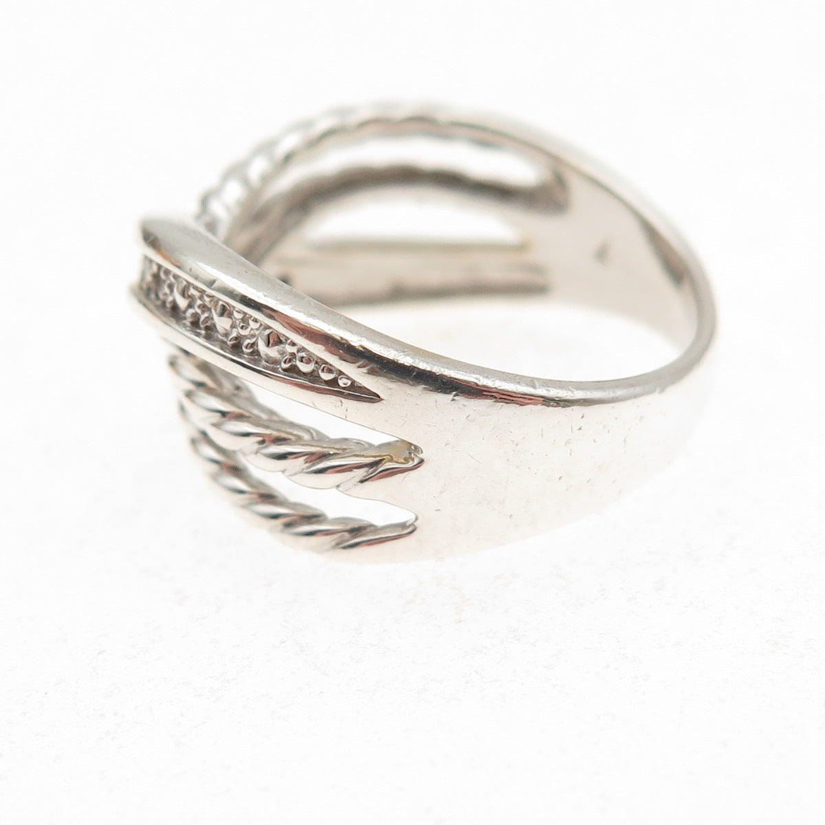 925 Sterling Silver Real Round-Cut Diamond Crisscross Ring Size 7.25