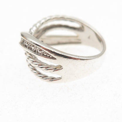 925 Sterling Silver Real Round-Cut Diamond Crisscross Ring Size 7.25