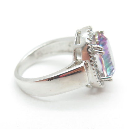 925 Sterling Silver Real Oval-Cut Mystic Quartz & Round-Cut C Z Ring Size 4.75