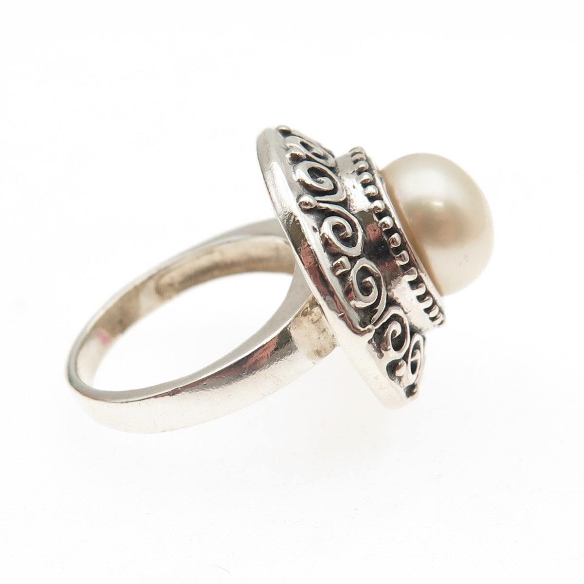CHAPAL ZENRAY Sterling Silver Vintage Real Pearl Swirl Oxidized Ring Size 7.25