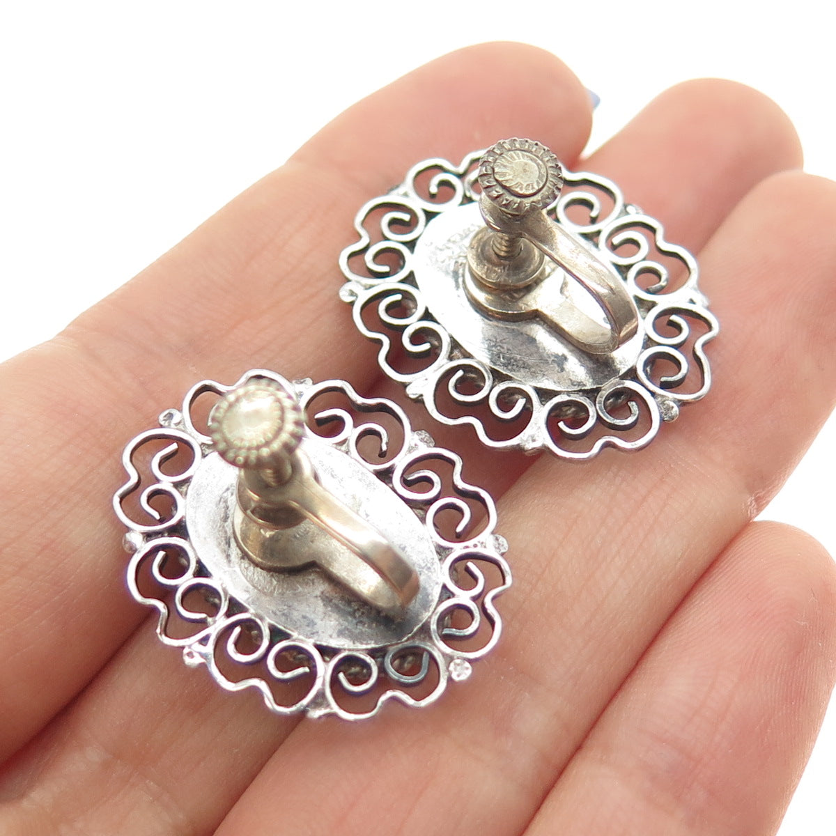 925 Sterling Silver Vintage Mexico Real Green Onyx Filigree Screw Back Earrings
