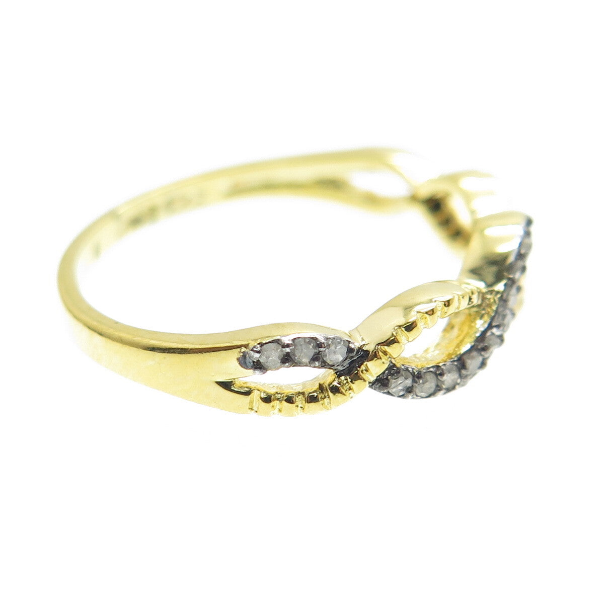 925 Sterling Silver Gold Plated Real Round-Cut Diamond Woven Ring Size 7