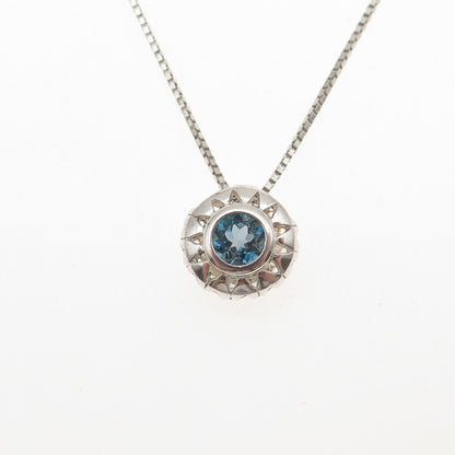 925 Sterling Silver Vintage Italy Real Blue Topaz Sun Box Chain Necklace 18"