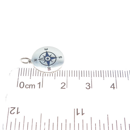 925 Sterling Silver Blue Enamel Compass Round Tag Minimalist Charm Pendant