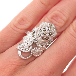 Clark & Coombs Sterling Silver Antique Art Deco Real Marcasite Rose Ring Size 5