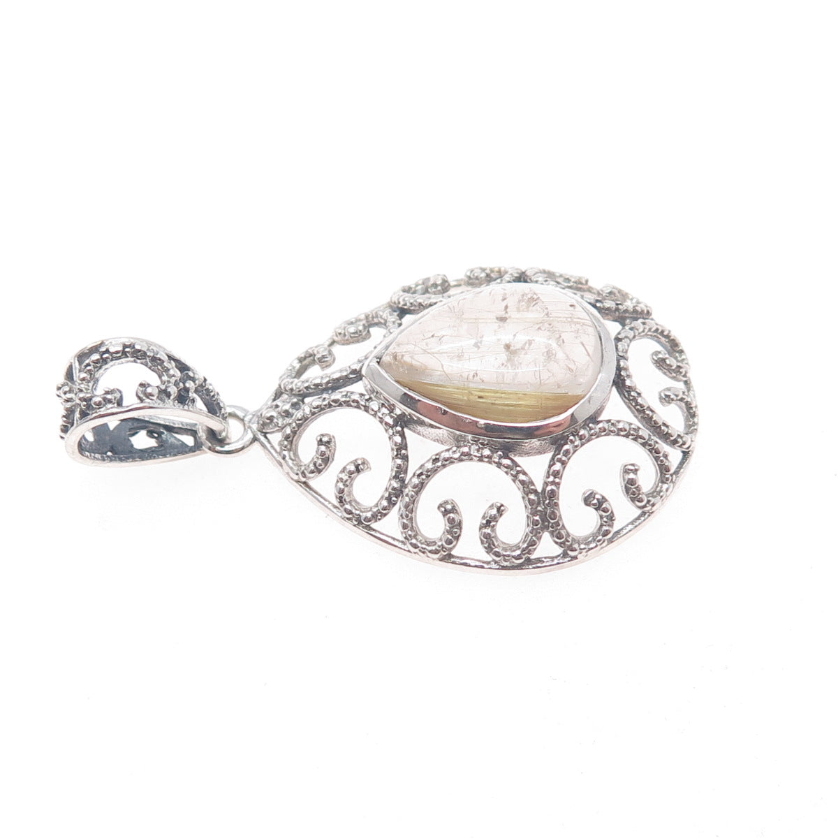 925 Sterling Silver Vintage Real Rutilated Quartz Ornate Teardrop Charm Pendant