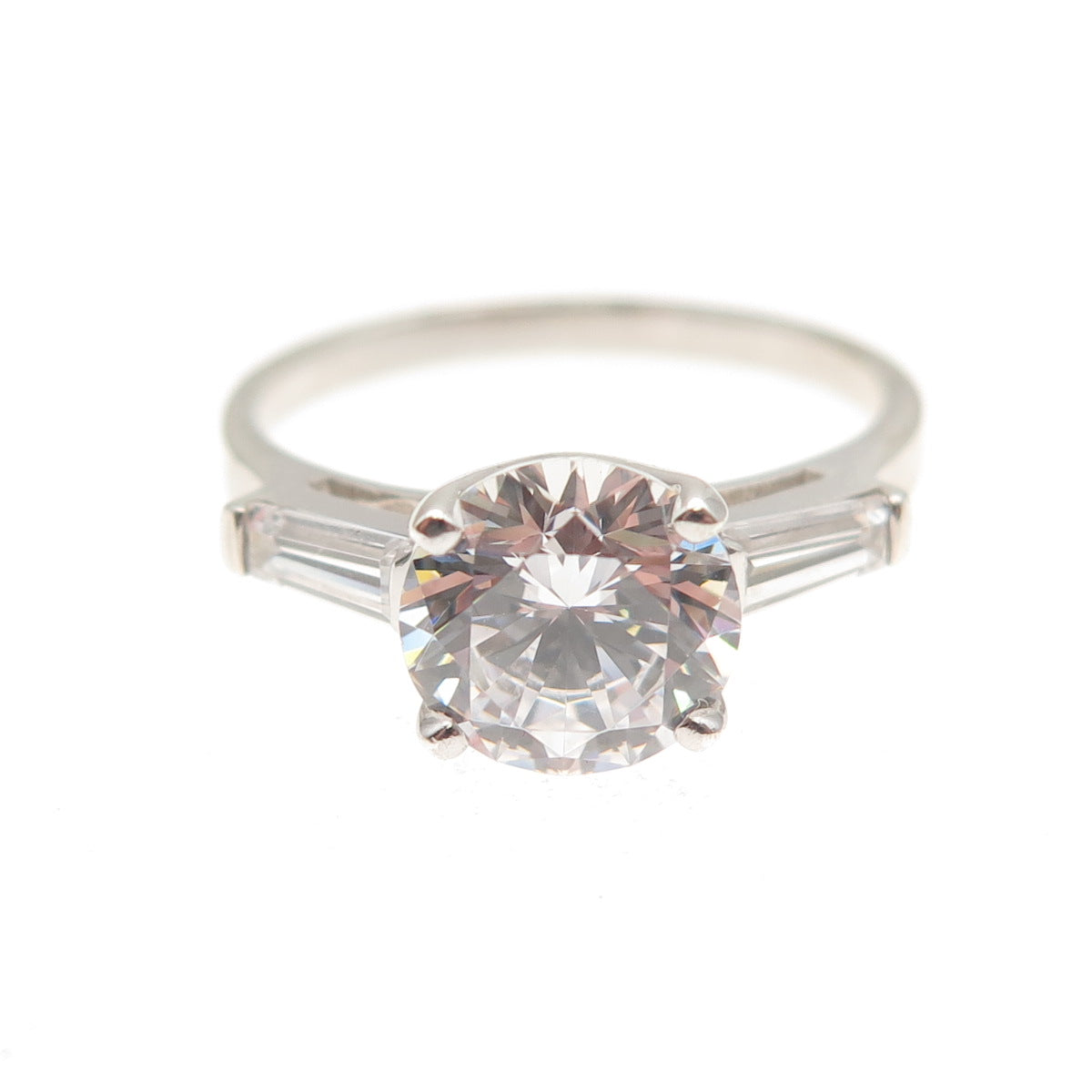 925 Sterling Silver Round & Tapered Baguette-Cut C Z Engagement Ring Size 8