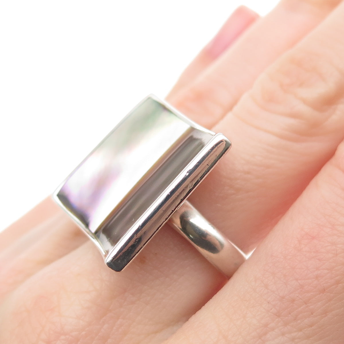 SX Sally C 925 Sterling Silver Vintage Real Abalone Shell Modernist Ring Size 7