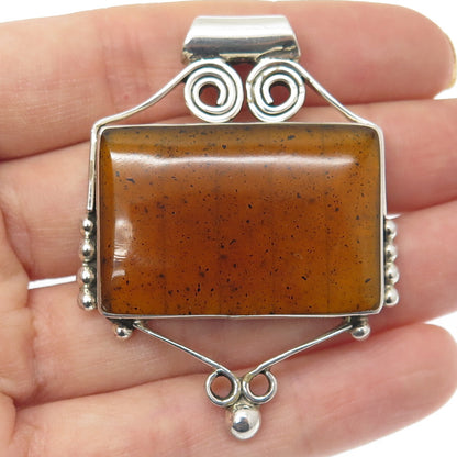 925 Sterling Silver Vintage Mexico Real Amber Modernist Spiral Slide Pendant