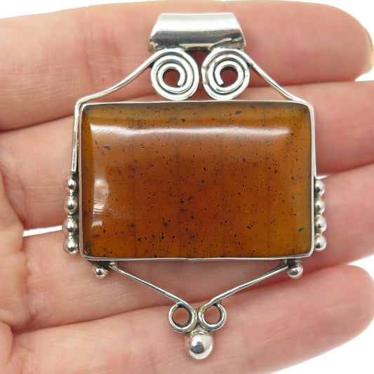925 Sterling Silver Vintage Mexico Real Amber Modernist Spiral Slide Pendant