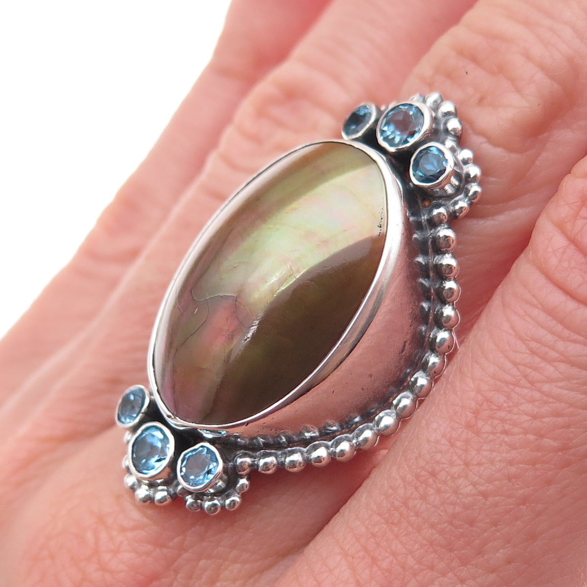 925 Sterling Silver Vintage Real Abalone Shell & Blue Topaz Oxidized Ring Size 7