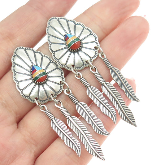 WHEELER MFG 925 Sterling Silver Vintage Southwestern Multi-Gem Feather Earrings