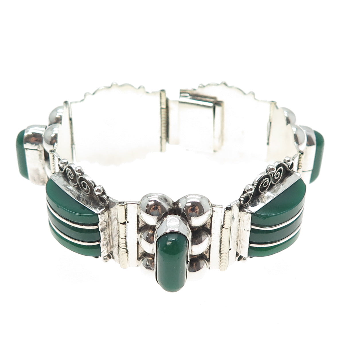 925 Sterling Silver Vintage Mexico Real Green Onyx Panel Link Bracelet 6.75"