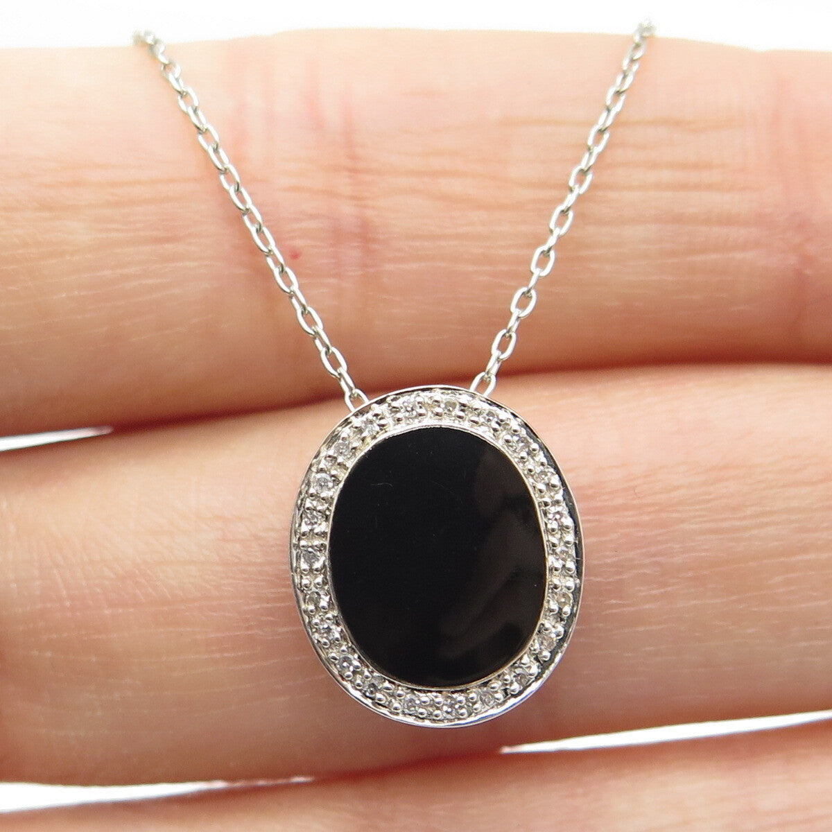925 Sterling Silver Real Round-Cut Diamond & Black Onyx Chain Necklace 20"