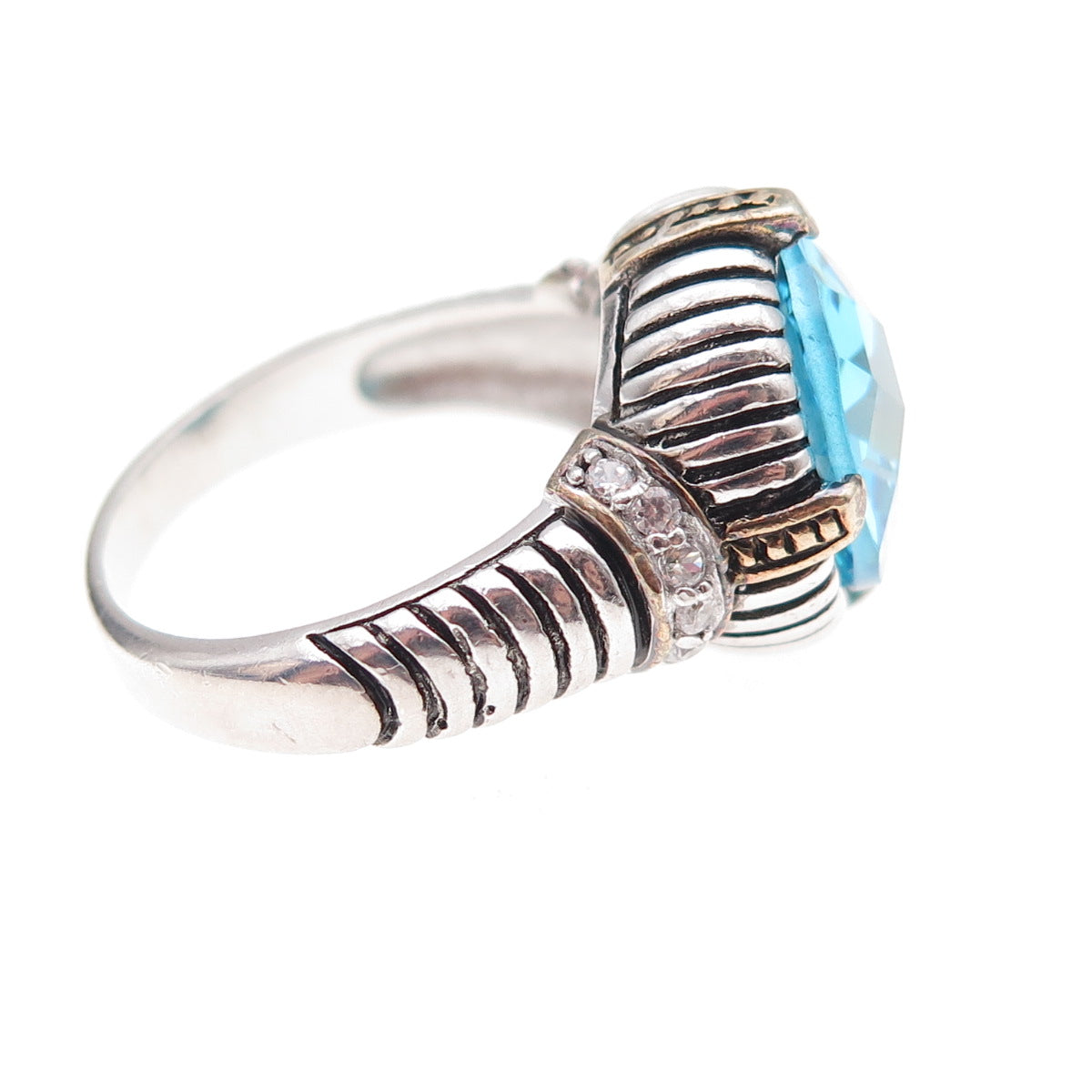 925 Sterling Silver 2-Tone Round-Cut Blue & White C Z Ribbed Ring Size 8.25