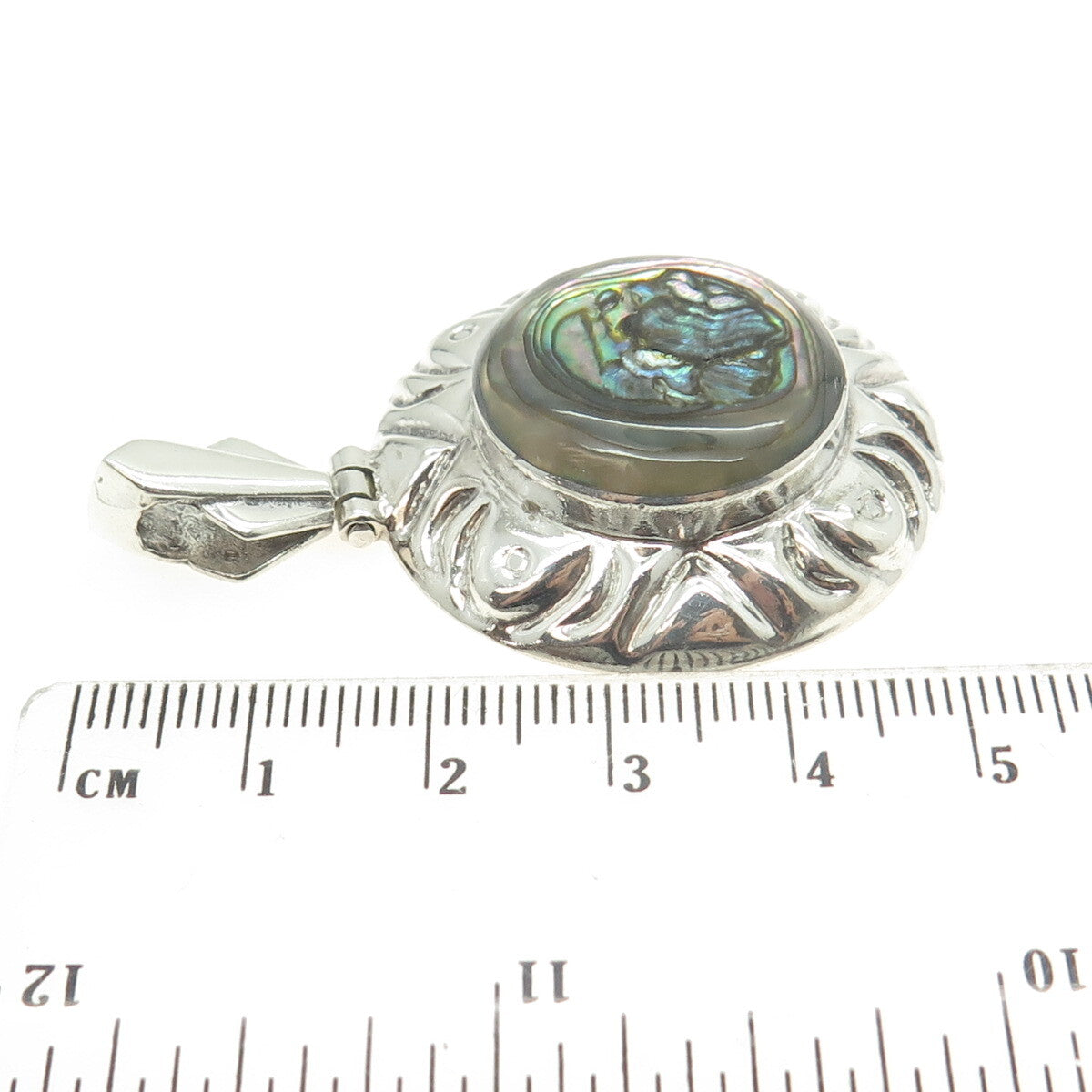 925 Sterling Silver Vintage Mexico Real Abalone Shell Round Pendant