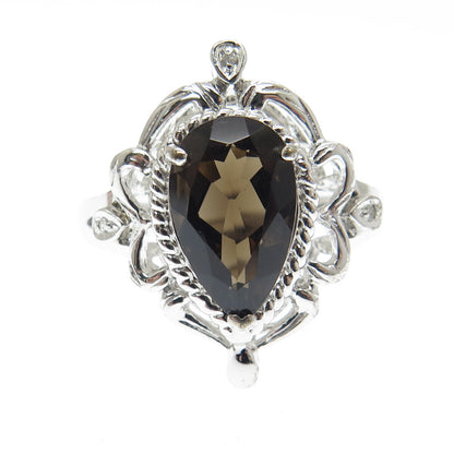 925 Sterling Silver Real White Diamond & Smoky Quartz Ornate Ring Size 10.25