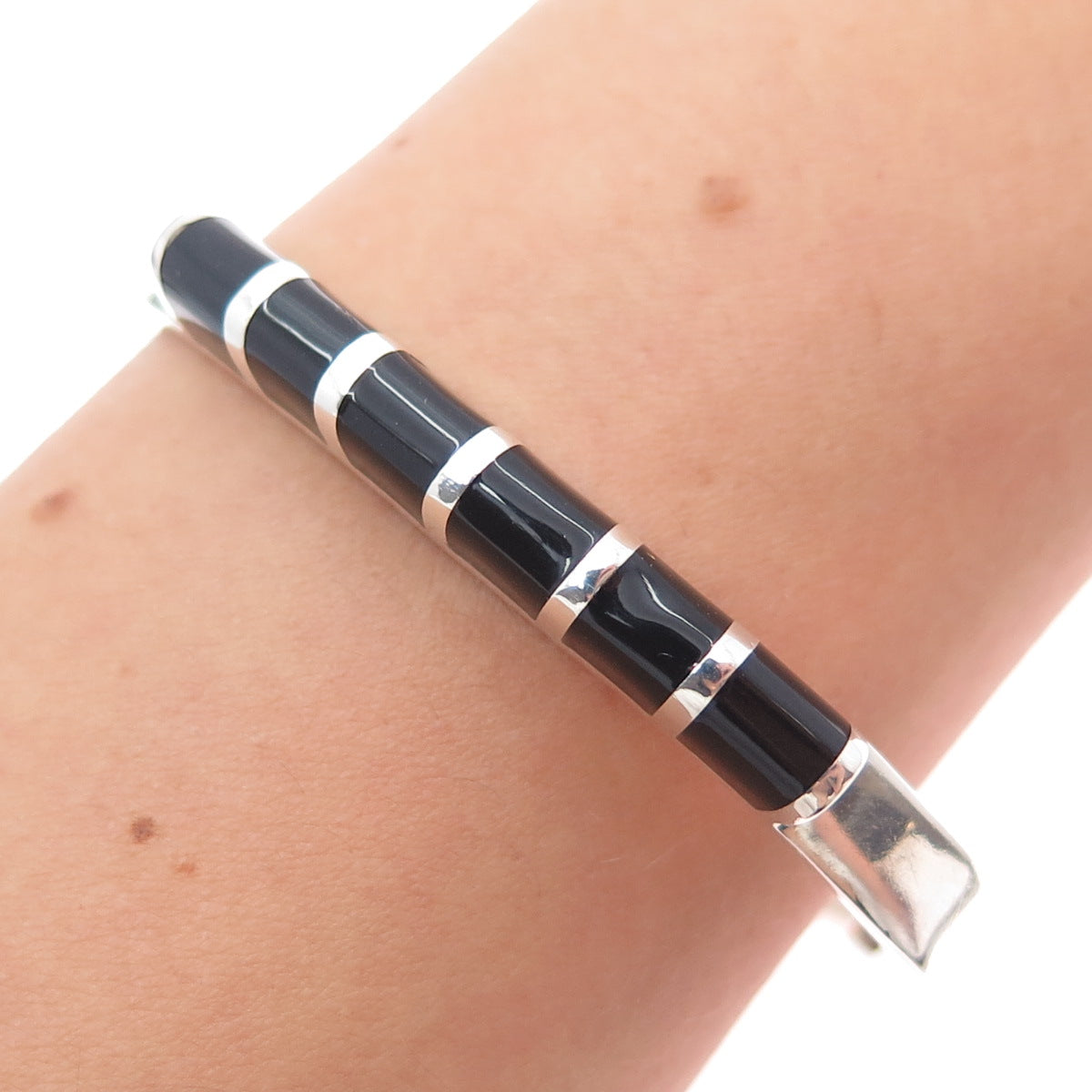 925 Sterling Silver Vintage Mexico Real Black Onyx Modernist Bangle Bracelet 7"